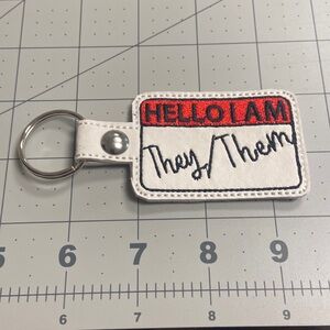 Handmade Embroidered Vinyl They/Them Key Fob